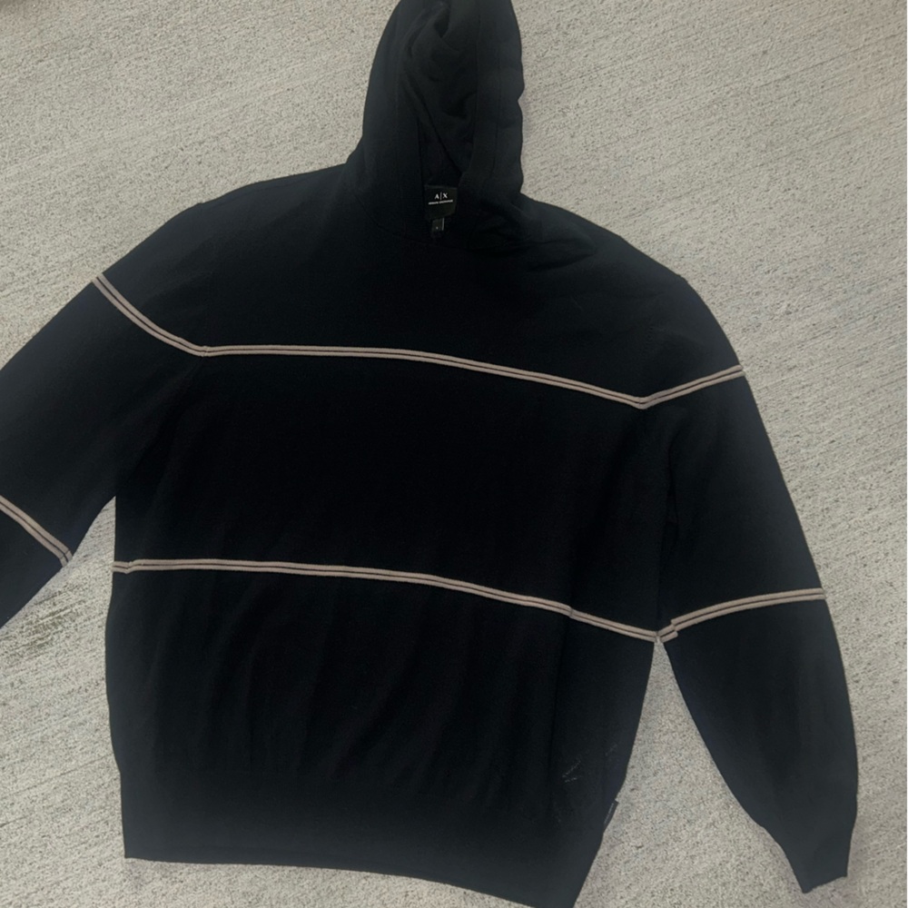 ARMANI EXCHANGE Black Hoodie with Cream Stripes